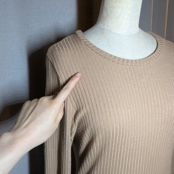 Reformation Wednesday Dress Midi Camel Tan Ribbed Long Sleeve Stretch Large - Picture 7 of 11